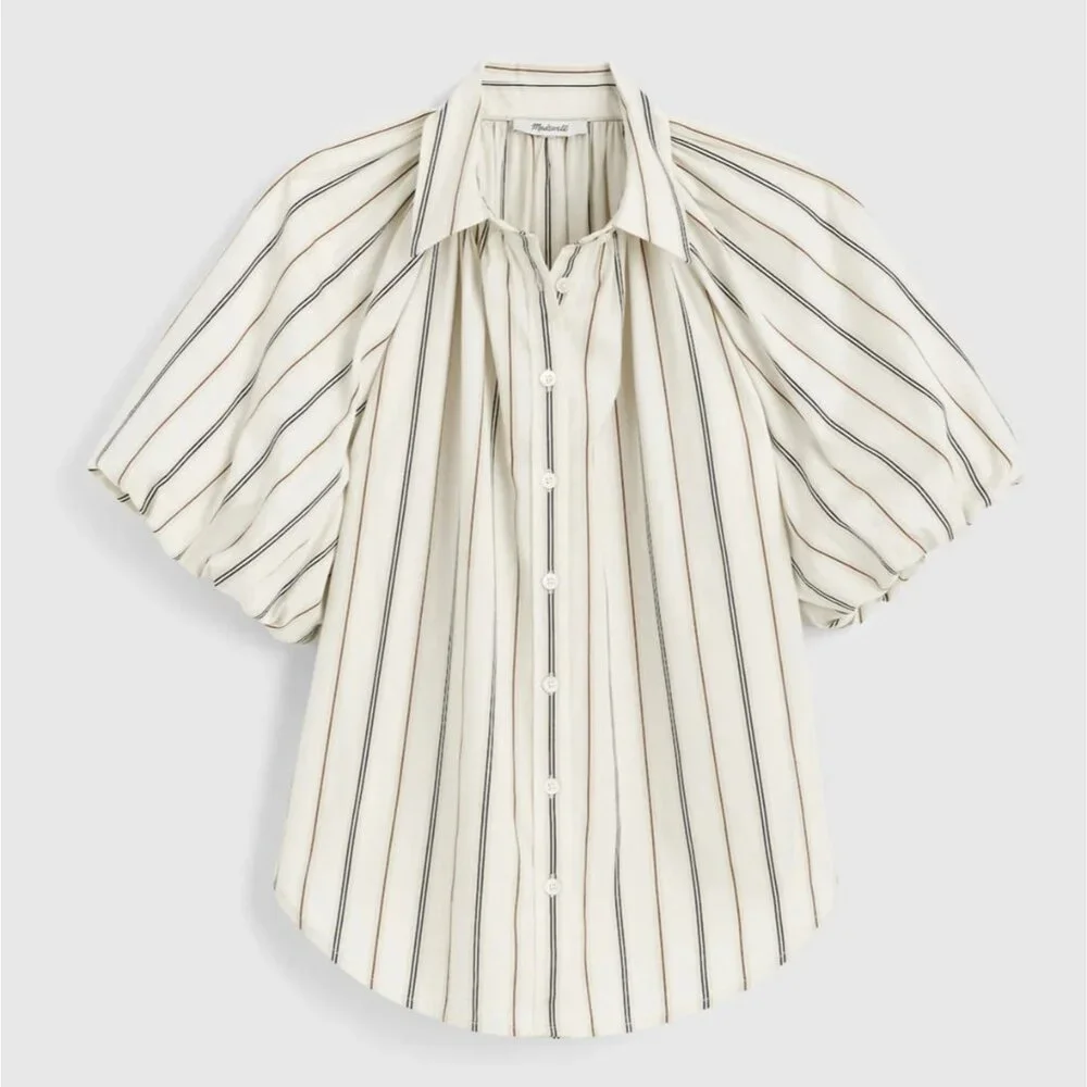 NWT Madewell Sz M Shirred Bubble-Sleeve Button-Up Shirt Poplin Coffee Tan Stripe - Picture 12 of 12